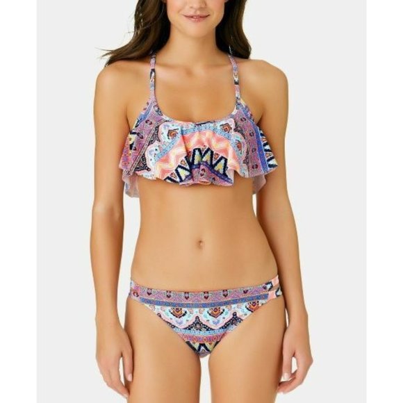 California Waves- Far Away Vacay Printed Strappy Bikini Set, Multi-color, M, NWT - Picture 1 of 5